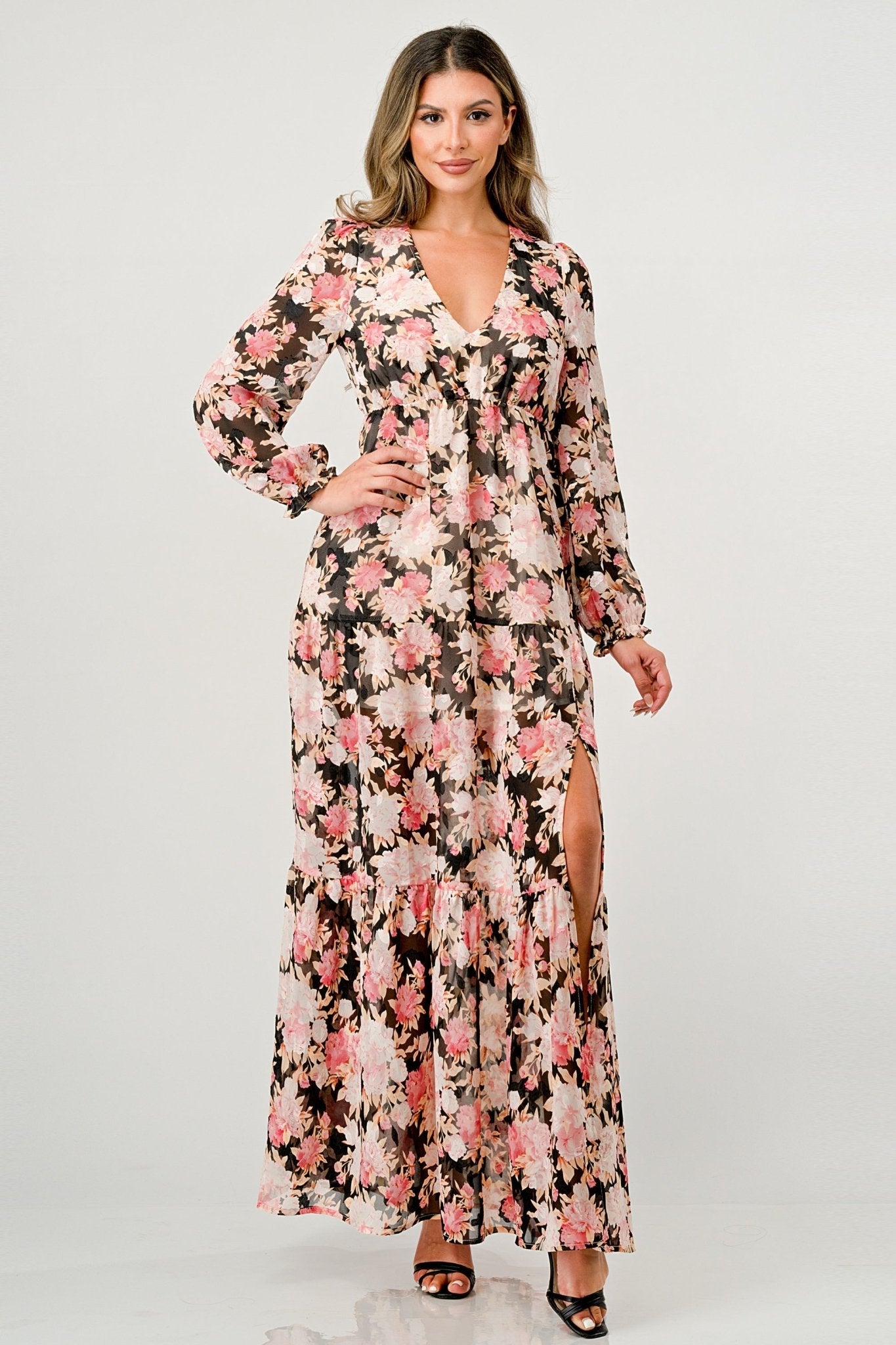 Long Sleeve Maxi Dress with High Slit and Tiered Skirt - Wear and Wander