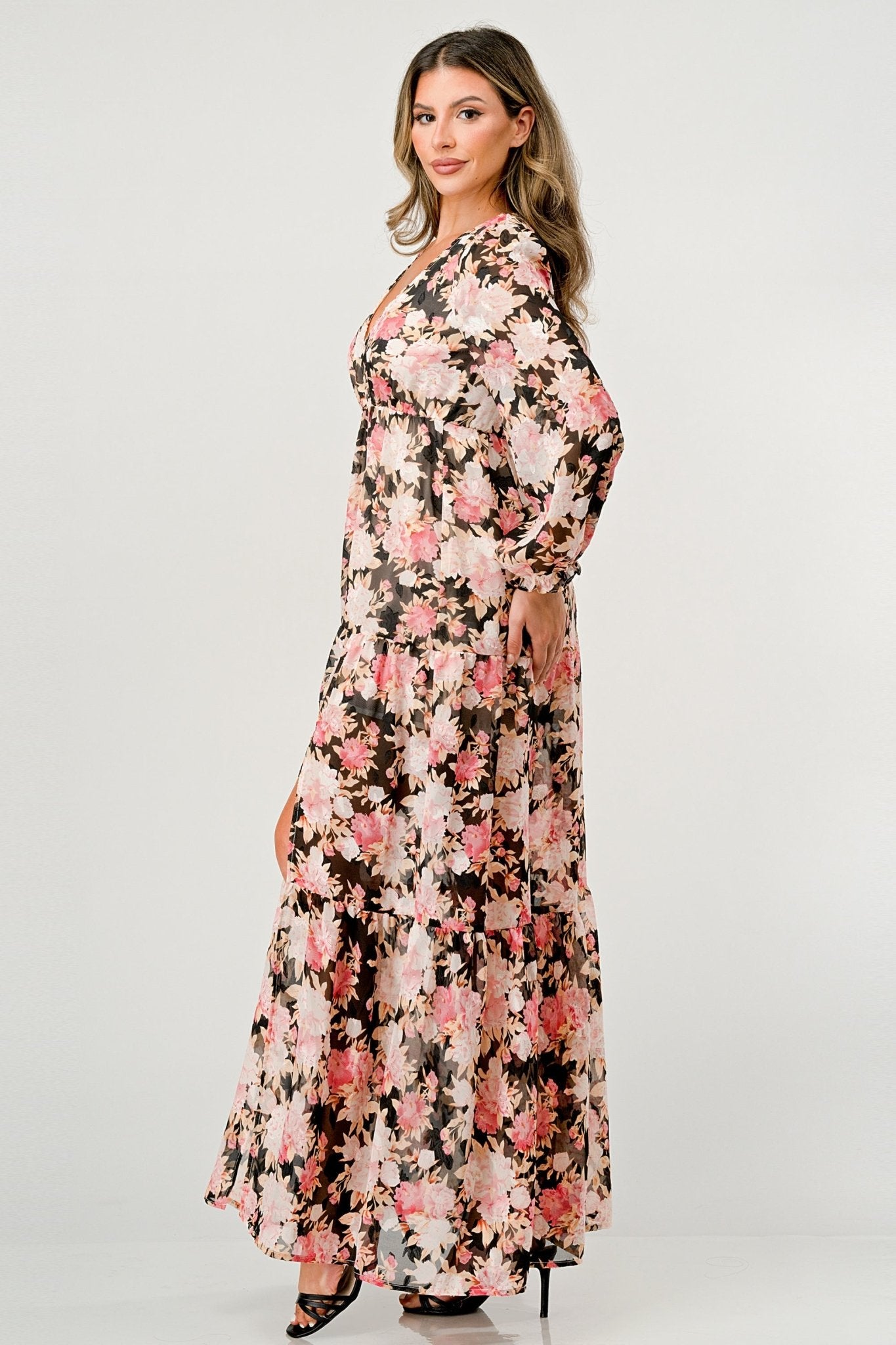 Long Sleeve Maxi Dress with High Slit and Tiered Skirt - Wear and Wander