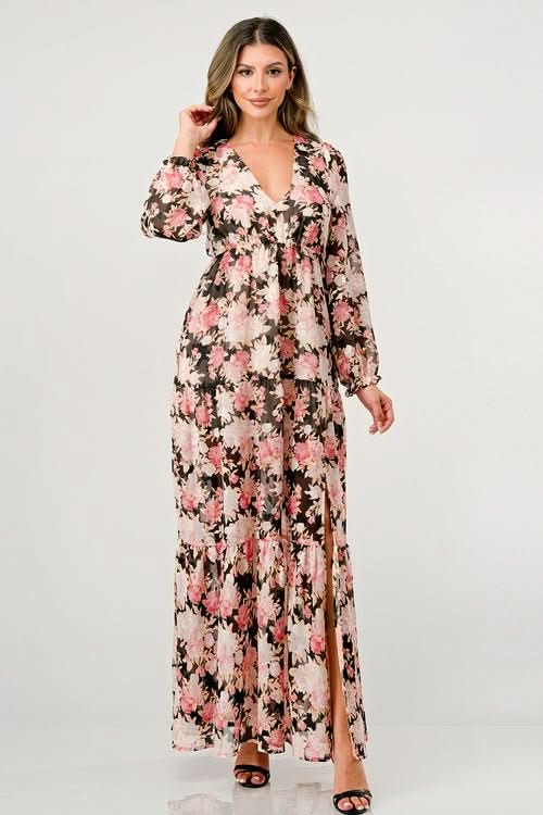 Long Sleeve Maxi Dress with High Slit and Tiered Skirt - Wear and Wander