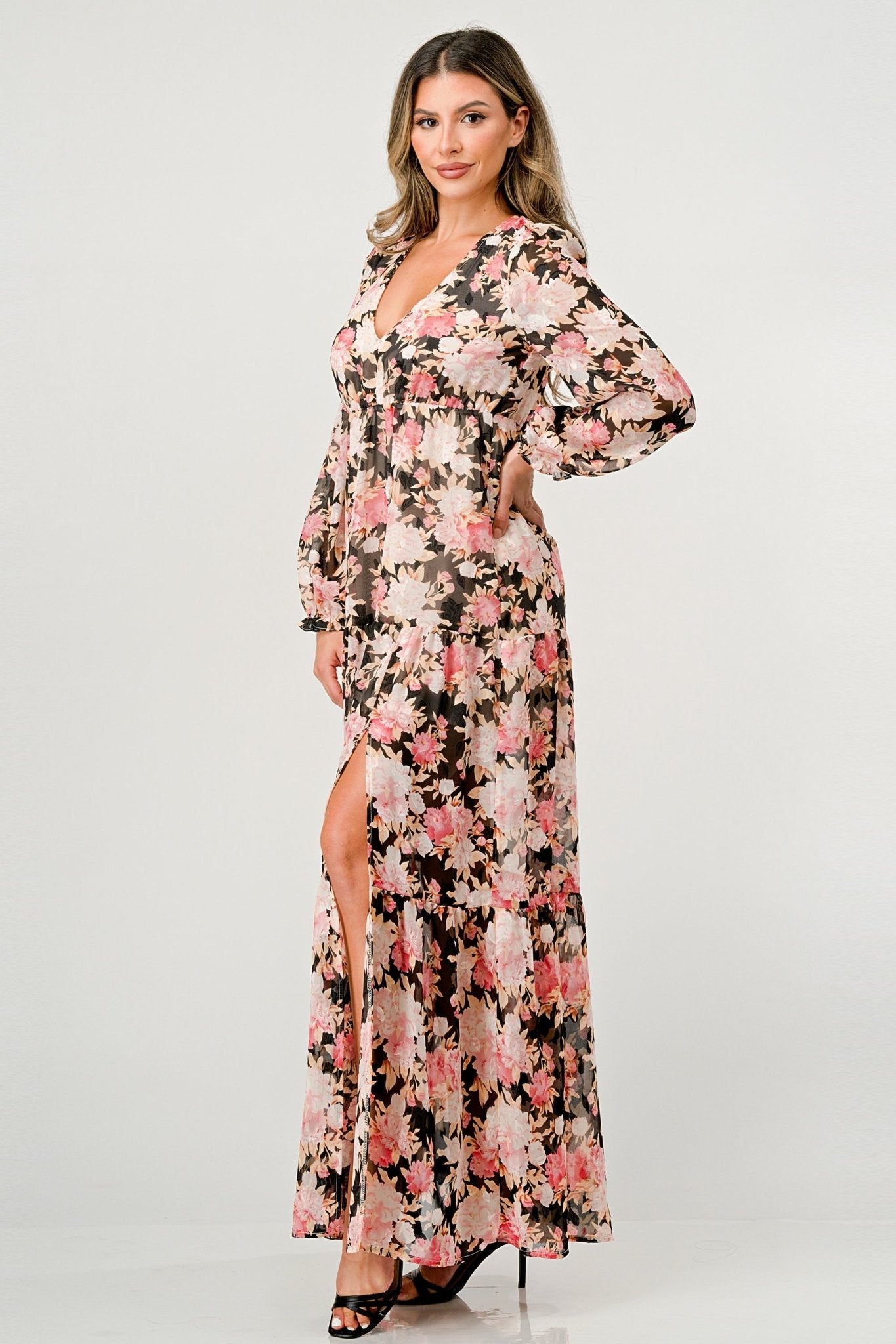 Long Sleeve Maxi Dress with High Slit and Tiered Skirt - Wear and Wander