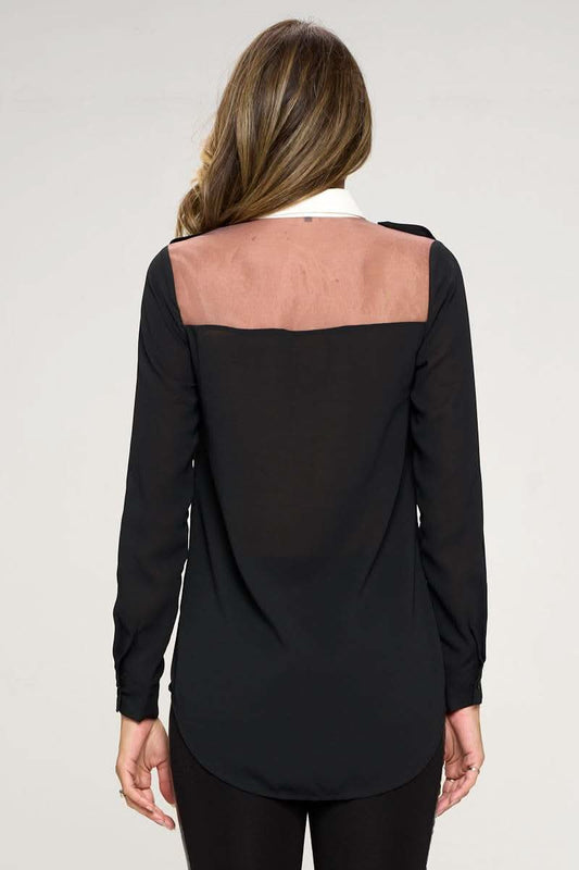 Long Sleeve Sheer Panel Collared Blouse - Wear and Wander