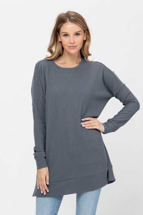 Long Sleeve Waffle Knit Sweater Round Neck Solid Color Pullover Dress - Wear and Wander