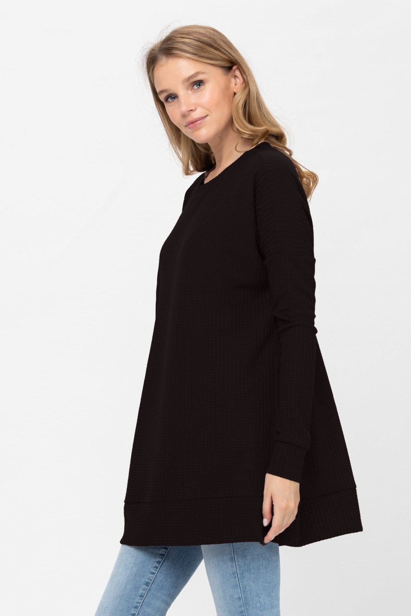 Long Sleeve Waffle Knit Sweater Round Neck Solid Color Pullover Dress - Wear and Wander