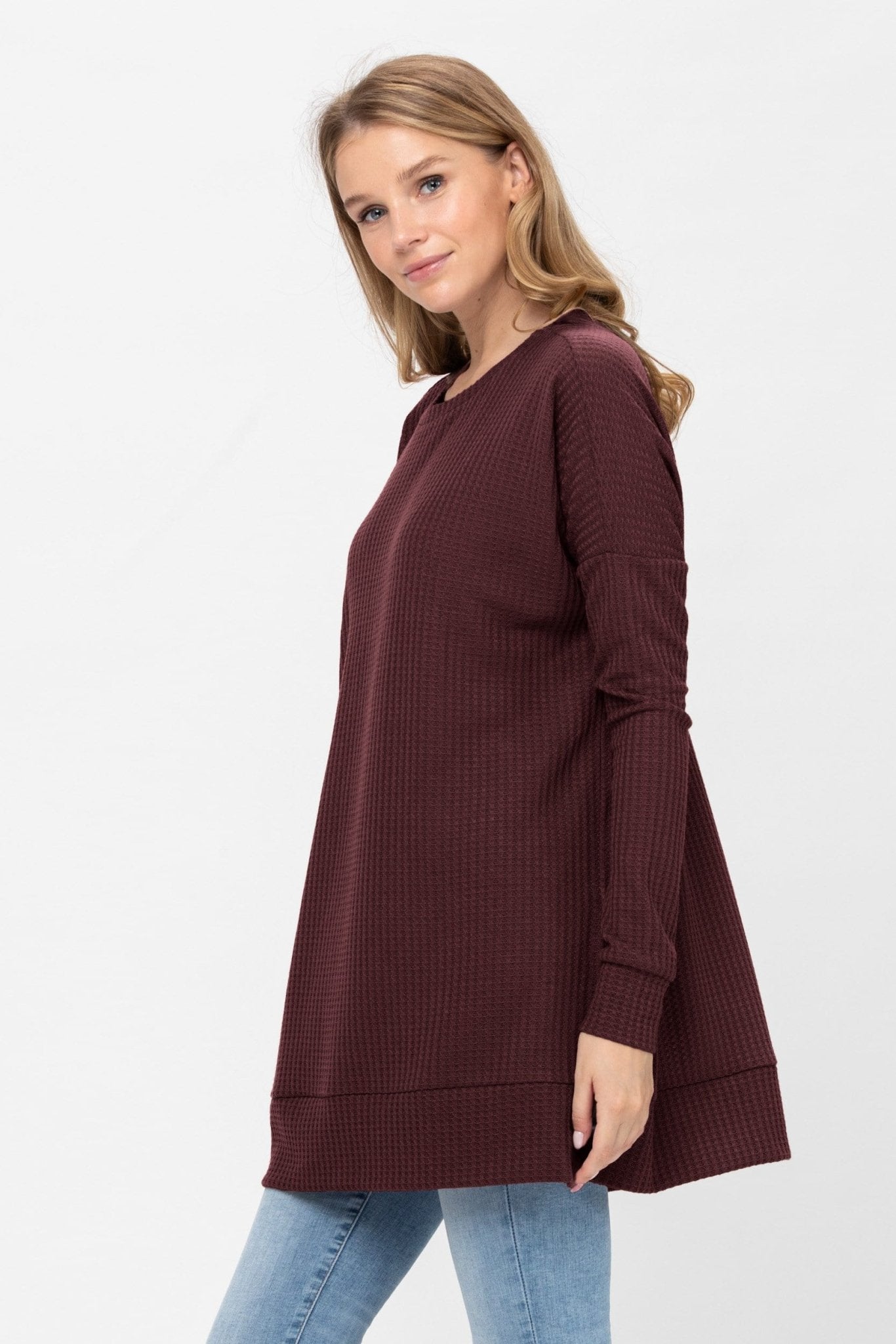 Long Sleeve Waffle Knit Sweater Round Neck Solid Color Pullover Dress - Wear and Wander