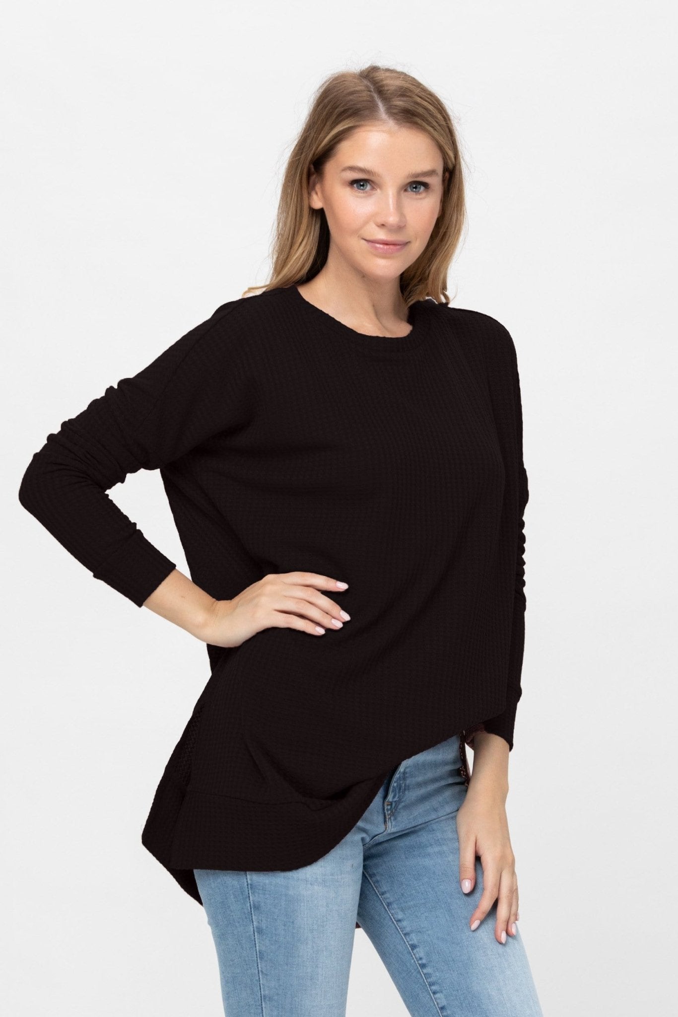 Long Sleeve Waffle Knit Sweater Round Neck Solid Color Pullover Dress - Wear and Wander