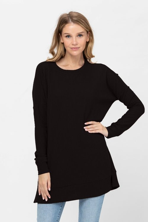 Long Sleeve Waffle Knit Sweater Round Neck Solid Color Pullover Dress - Wear and Wander