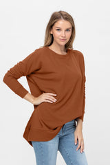 Long Sleeve Waffle Knit Sweater Round Neck Solid Color Pullover Dress - Wear and Wander