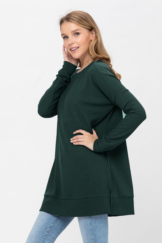 Long Sleeve Waffle Knit Sweater Round Neck Solid Color Pullover Dress - Wear and Wander