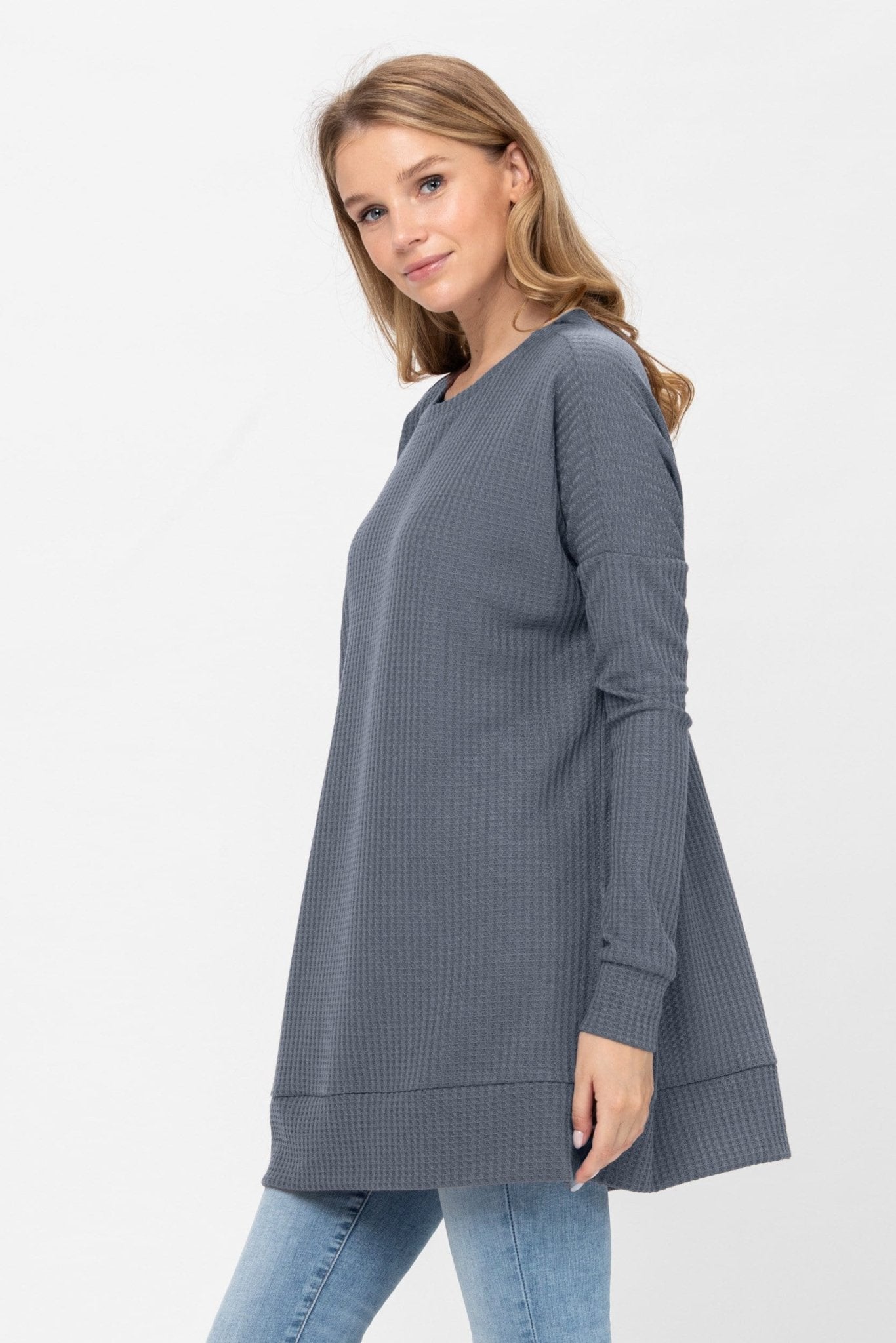 Long Sleeve Waffle Knit Sweater Round Neck Solid Color Pullover Dress - Wear and Wander