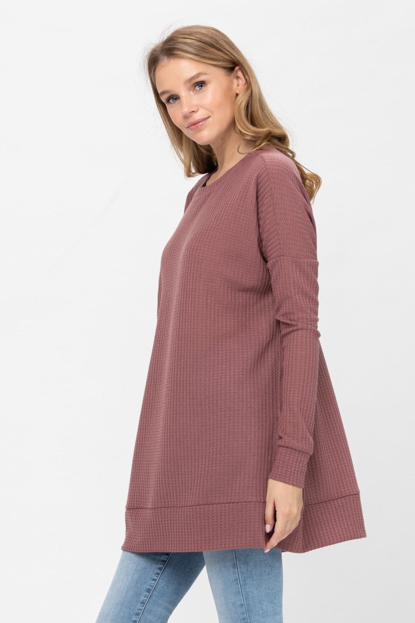 Long Sleeve Waffle Knit Sweater Round Neck Solid Color Pullover Dress - Wear and Wander