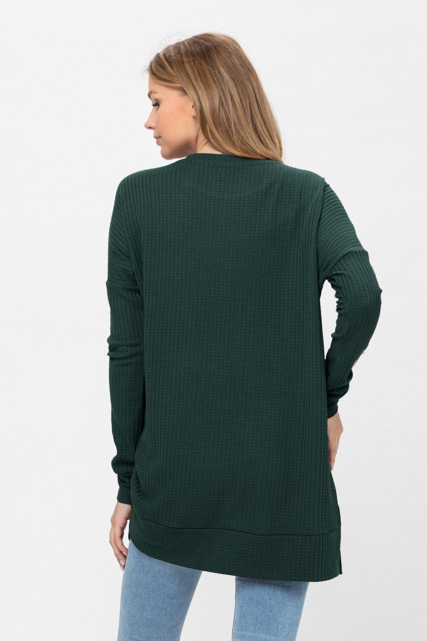 Long Sleeve Waffle Knit Sweater Round Neck Solid Color Pullover Dress - Wear and Wander