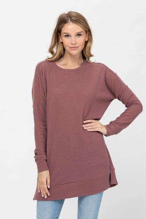 Long Sleeve Waffle Knit Sweater Round Neck Solid Color Pullover Dress - Wear and Wander