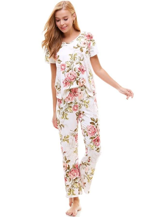 Loungewear set for women's floral short sleeve and pants - Wear and Wander