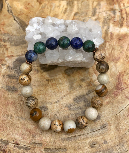 Malachite Chrysocolla & Picture Jasper Stretch Bracelet! Natural Gems! - Wear and Wander