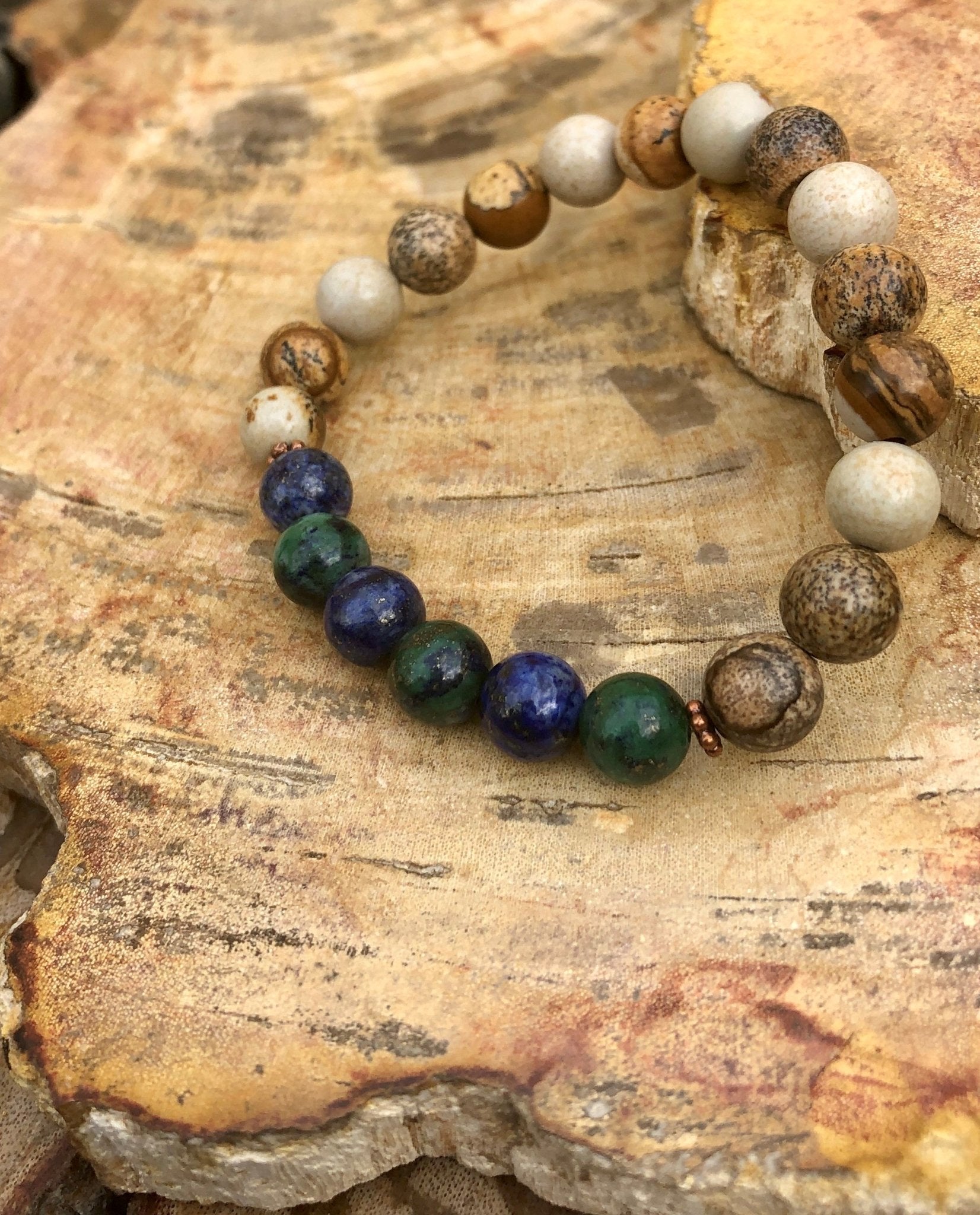 Malachite Chrysocolla & Picture Jasper Stretch Bracelet! Natural Gems! - Wear and Wander