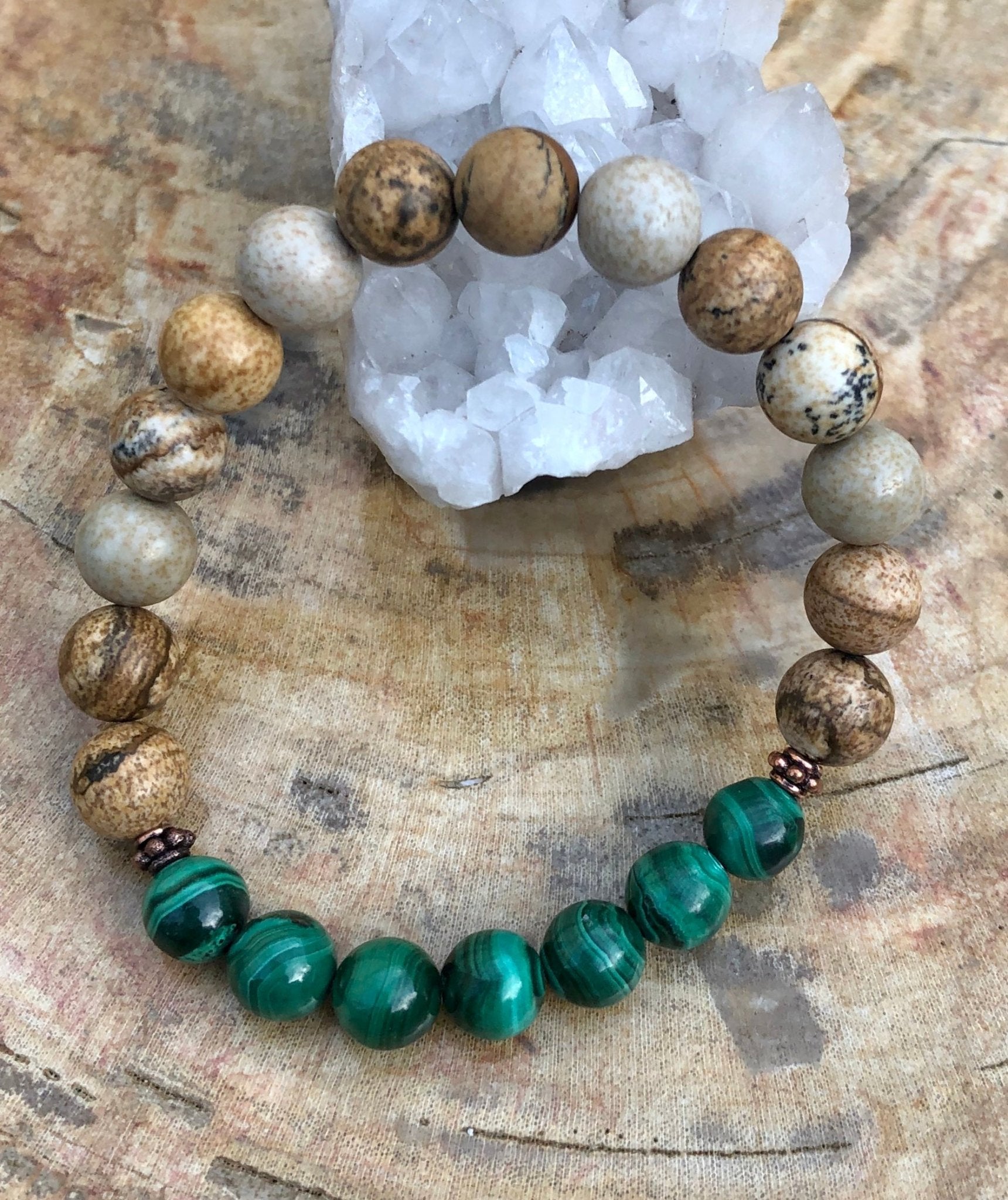 Malachite & Picture Jasper Stretch Bracelet! Genuine Stones! - Wear and Wander