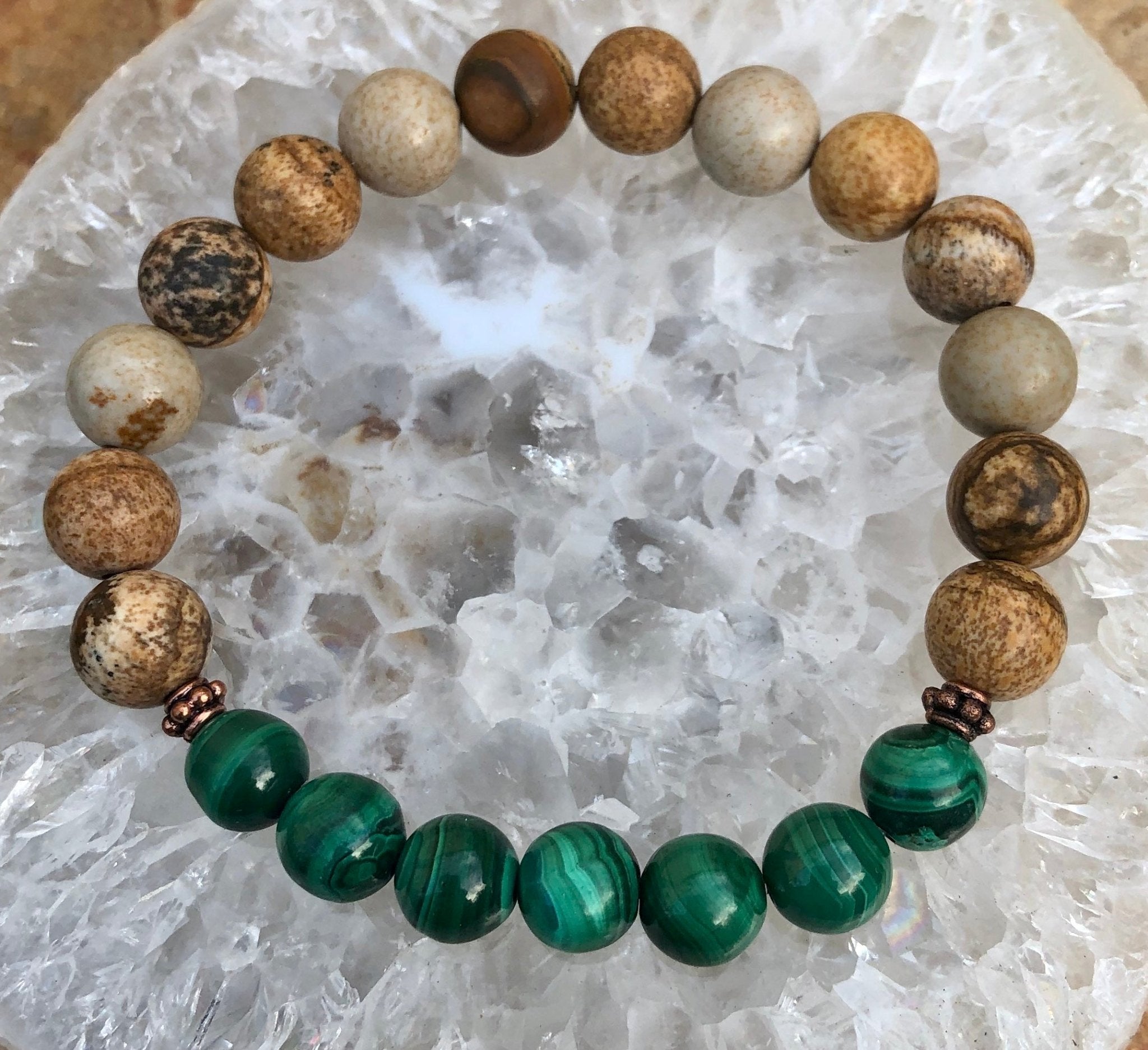 Malachite & Picture Jasper Stretch Bracelet! Genuine Stones! - Wear and Wander