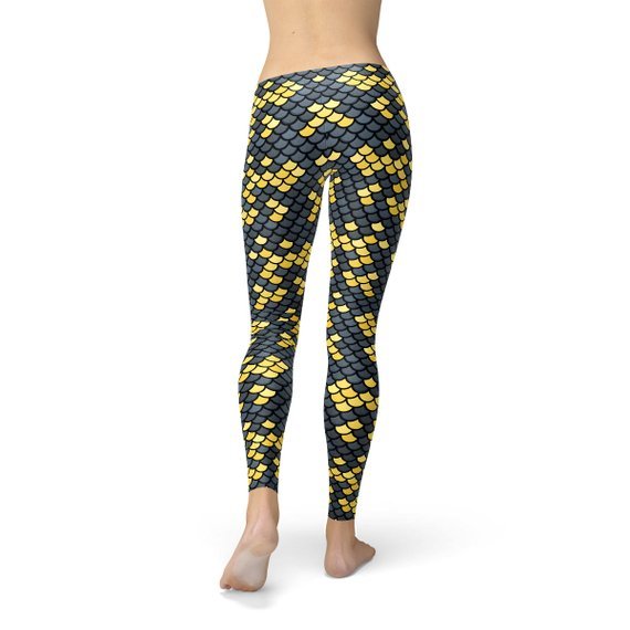 Mermaid Leggings with Dark Gray and Yellow Fish Scales Pattern Print - Wear and Wander