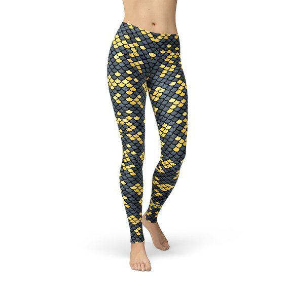 Mermaid Leggings with Dark Gray and Yellow Fish Scales Pattern Print - Wear and Wander