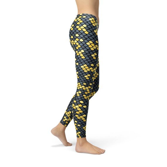 Mermaid Leggings with Dark Gray and Yellow Fish Scales Pattern Print - Wear and Wander