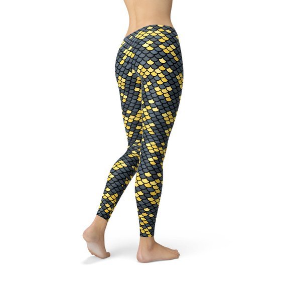 Mermaid Leggings with Dark Gray and Yellow Fish Scales Pattern Print - Wear and Wander