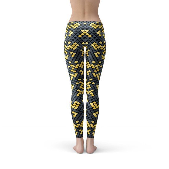 Mermaid Leggings with Dark Gray and Yellow Fish Scales Pattern Print - Wear and Wander