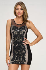 Mesh and Lace Appliqué Mini Dress – Elegant Evening Wear - Wear and Wander