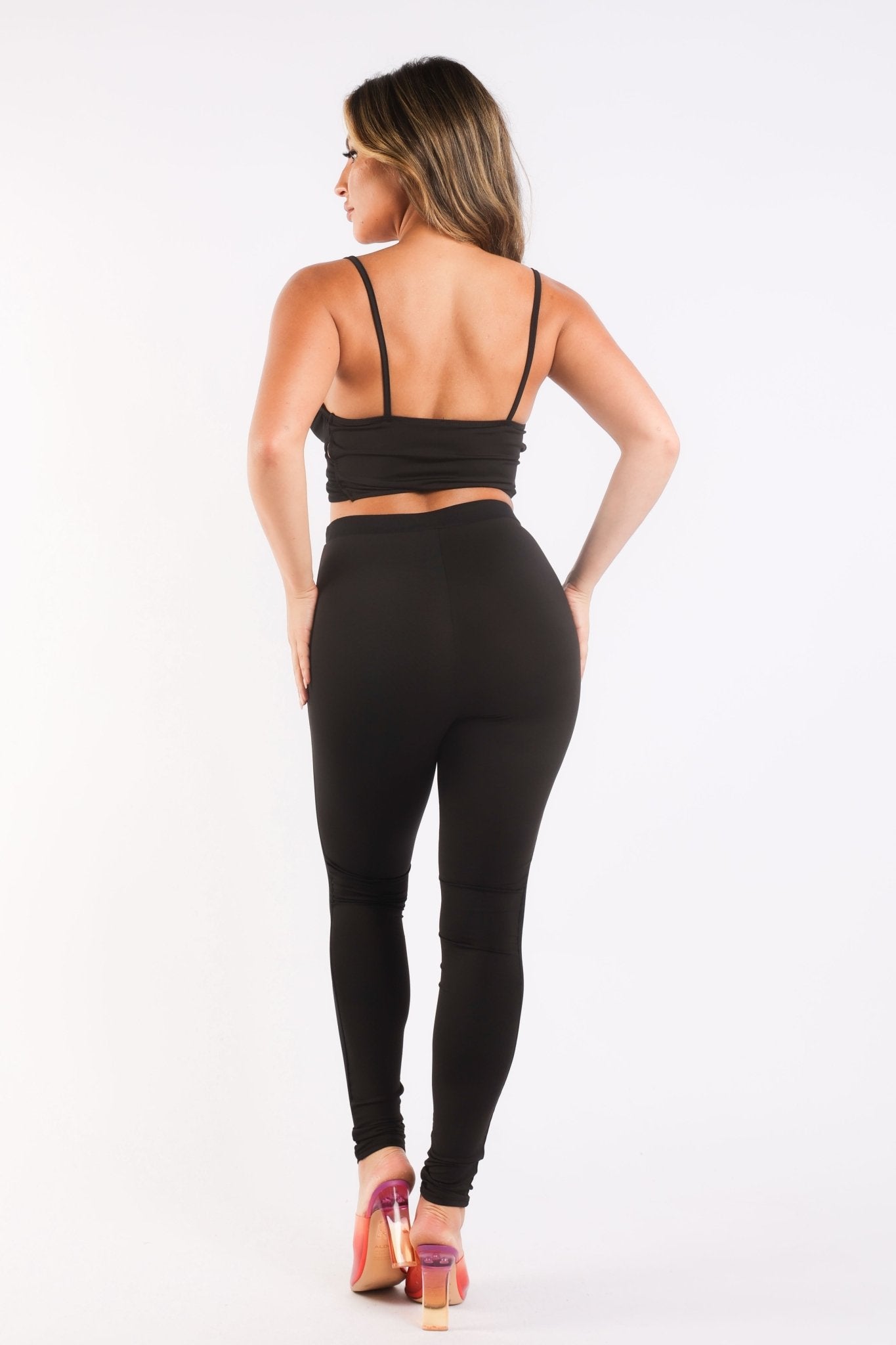 Mesh Contrast Sets Casual Sports Strappy Sleeve Top & Leggings BLACK - Wear and Wander