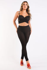 Mesh Contrast Sets Casual Sports Strappy Sleeve Top & Leggings BLACK - Wear and Wander