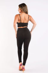Mesh Contrast Sets Casual Sports Strappy Sleeve Top & Leggings BLACK - Wear and Wander