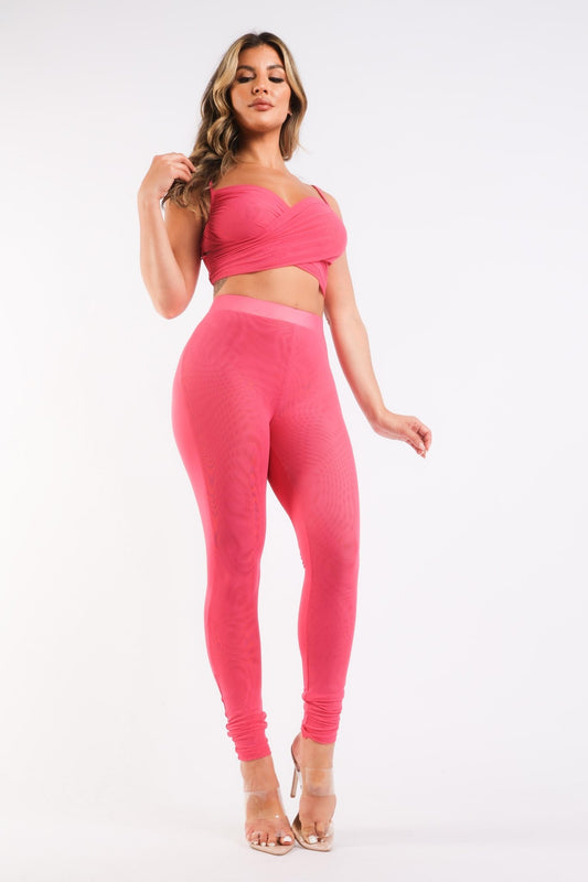 Mesh Contrast Sets Casual Sports Strappy Sleeve Top & Leggings FUCHSIA - Wear and Wander