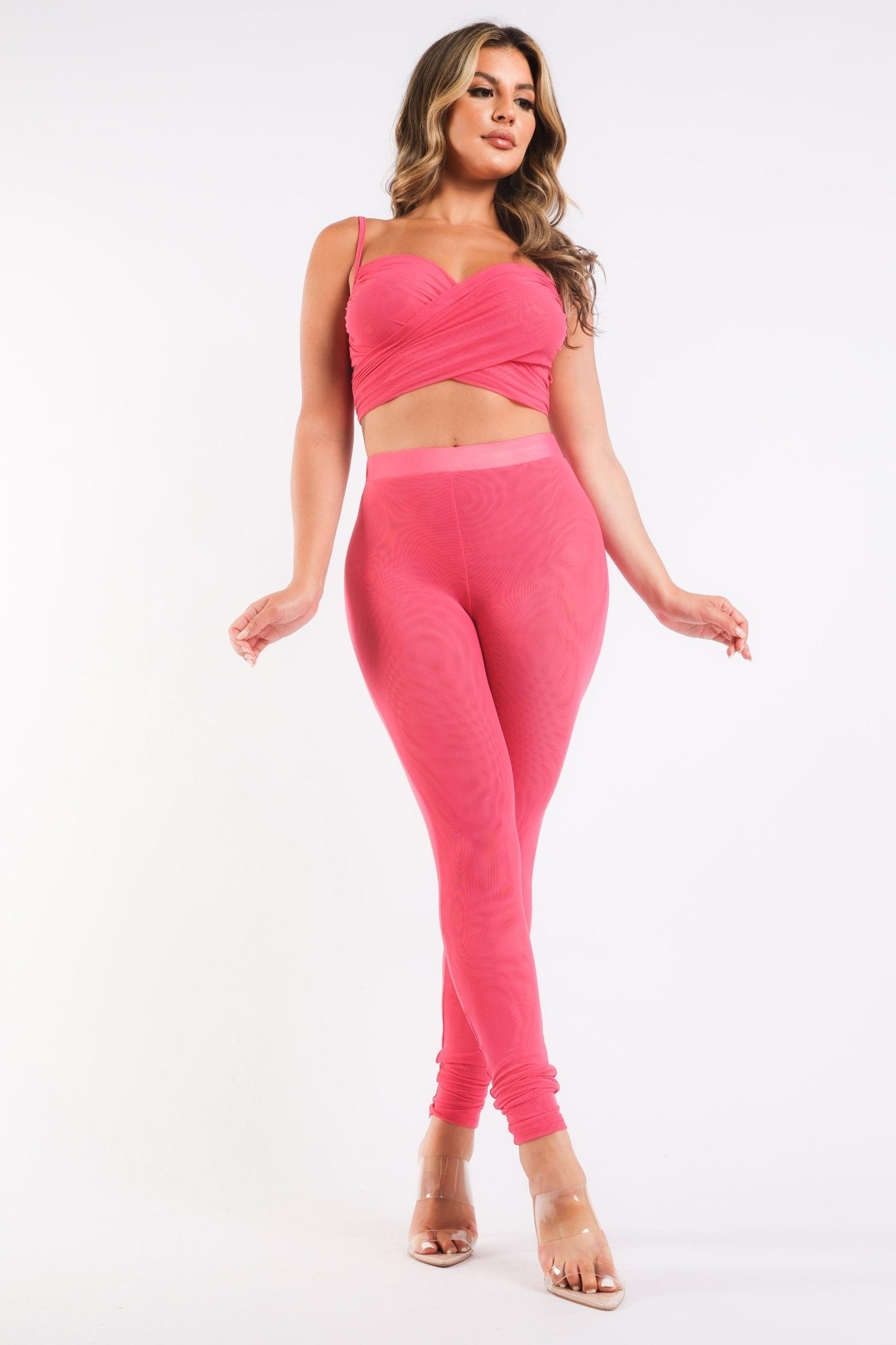 Mesh Contrast Sets Casual Sports Strappy Sleeve Top & Leggings FUCHSIA - Wear and Wander