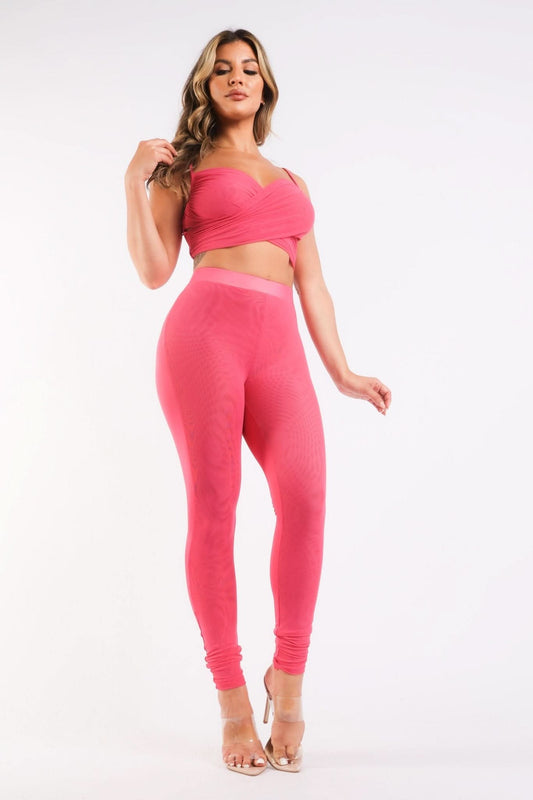 Mesh Contrast Sets Casual Sports Strappy Sleeve Top & Leggings FUCHSIA - Wear and Wander