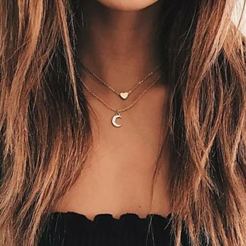 Moon and Heart Two Layer Necklace - Wear and Wander