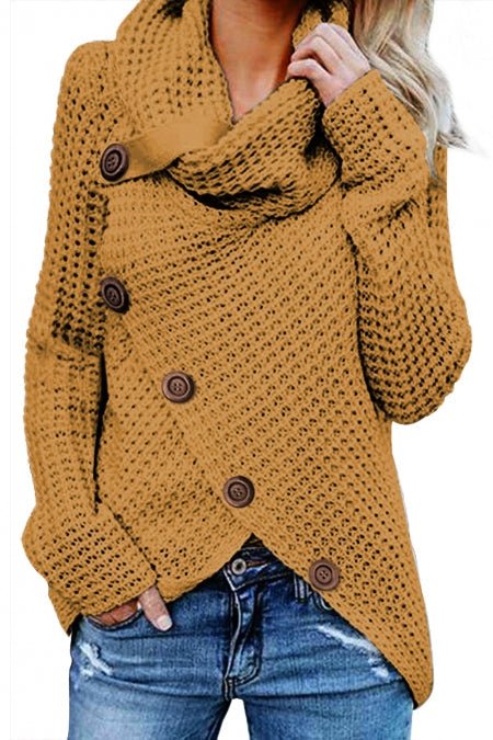 Mustard Buttoned Wrap Turtleneck Sweater - Wear and Wander