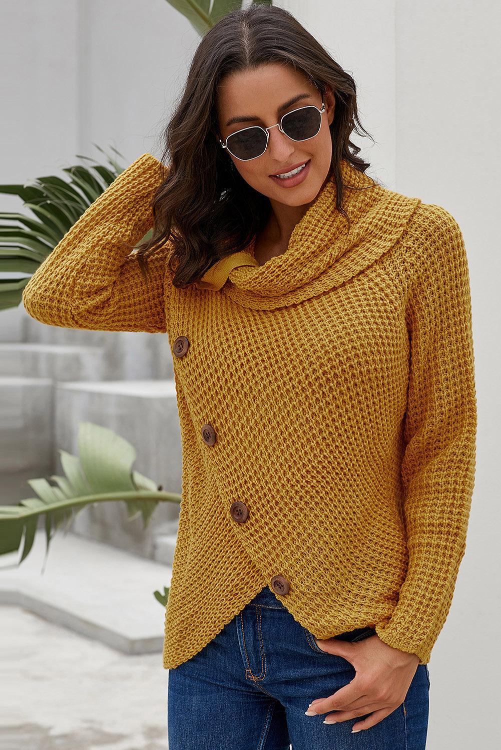 Mustard Buttoned Wrap Turtleneck Sweater - Wear and Wander