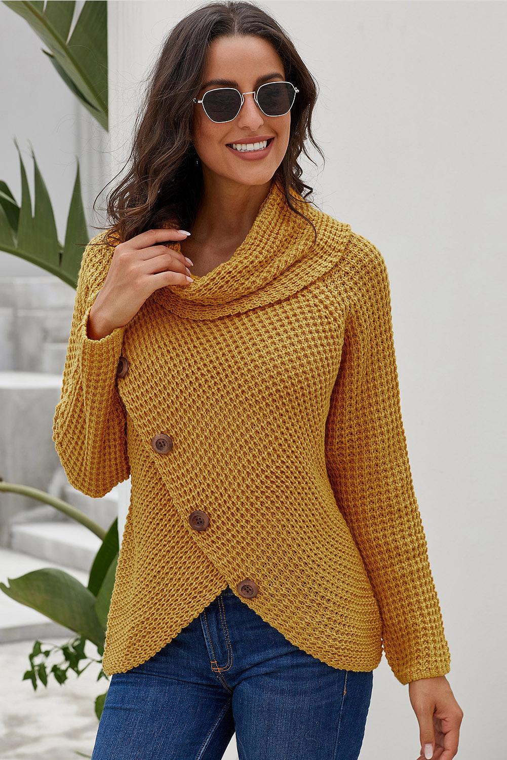 Mustard Buttoned Wrap Turtleneck Sweater - Wear and Wander