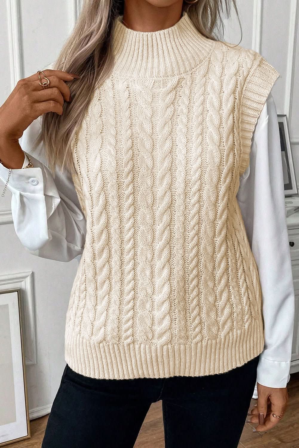 Oatmeal Cable Knit High Neck Sweater Vest - Wear and Wander