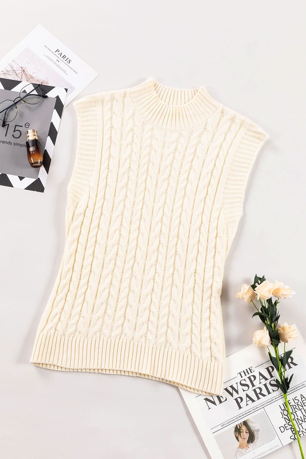 Oatmeal Cable Knit High Neck Sweater Vest - Wear and Wander