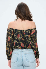 Off - Shoulder Printed Crop Top with Long Sleeves - Wear and Wander