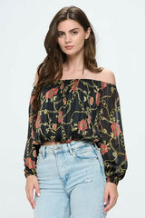 Off - Shoulder Printed Crop Top with Long Sleeves - Wear and Wander