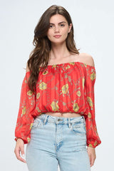 Off - Shoulder Printed Crop Top with Long Sleeves - Wear and Wander