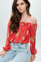 Off - Shoulder Printed Crop Top with Long Sleeves - Wear and Wander