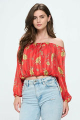 Off - Shoulder Printed Crop Top with Long Sleeves - Wear and Wander