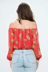 Off - Shoulder Printed Crop Top with Long Sleeves - Wear and Wander