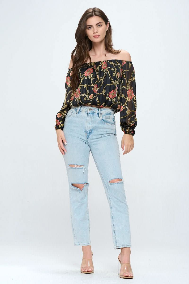 Off - Shoulder Printed Crop Top with Long Sleeves - Wear and Wander