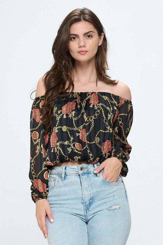 Off - Shoulder Printed Crop Top with Long Sleeves - Wear and Wander