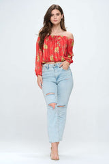 Off - Shoulder Printed Crop Top with Long Sleeves - Wear and Wander