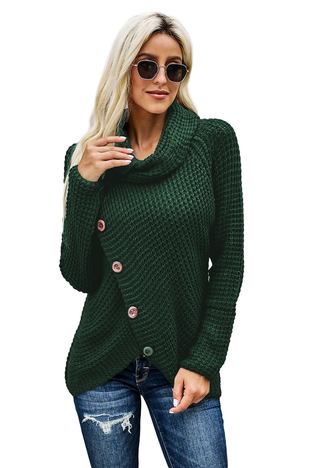 Olive Green Buttoned Wrap Turtleneck Sweater - Wear and Wander