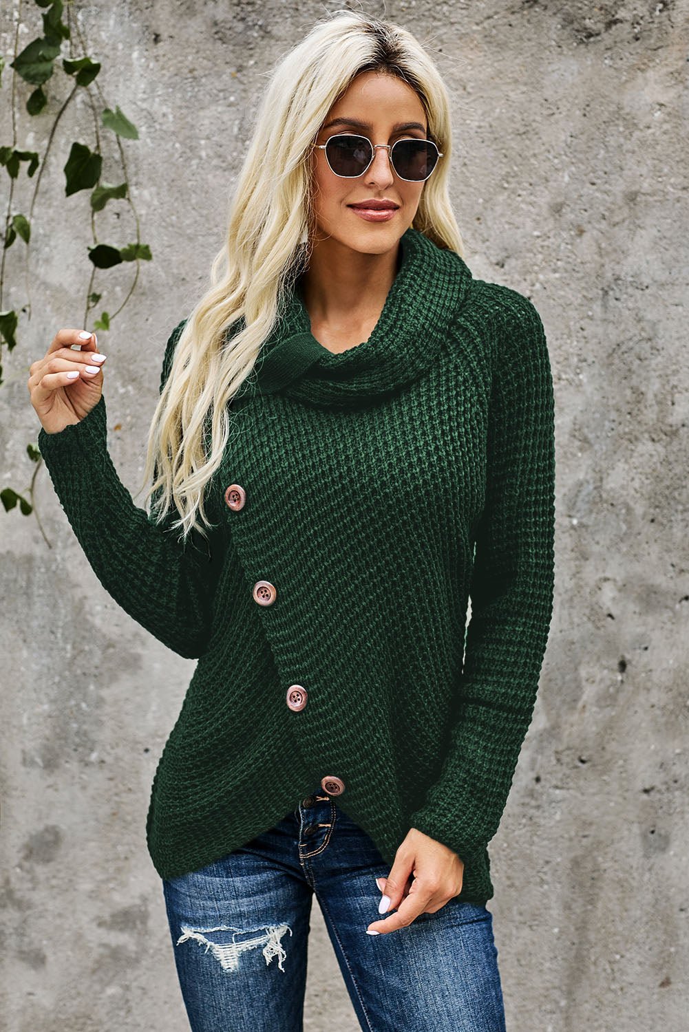 Olive Green Buttoned Wrap Turtleneck Sweater - Wear and Wander